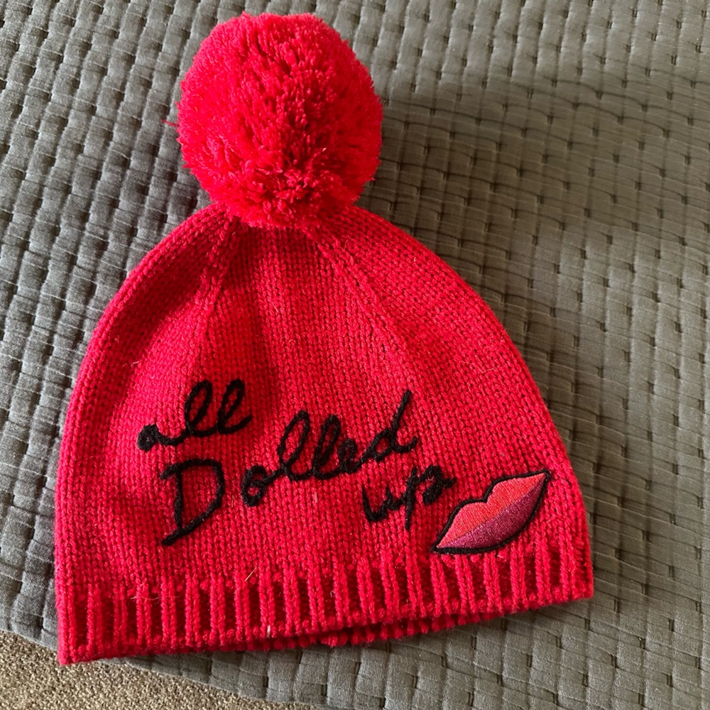 Kate Spade All Dolled Up Red Beanie with Pom-Pom and Embroidery